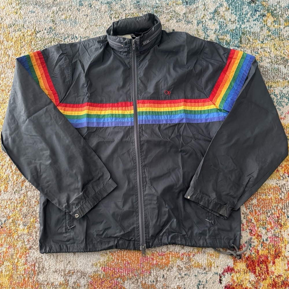 VTG 80s Ocean Pacific Windbreaker Jacket Men Large Gray Rainbow Stripes OP Surf